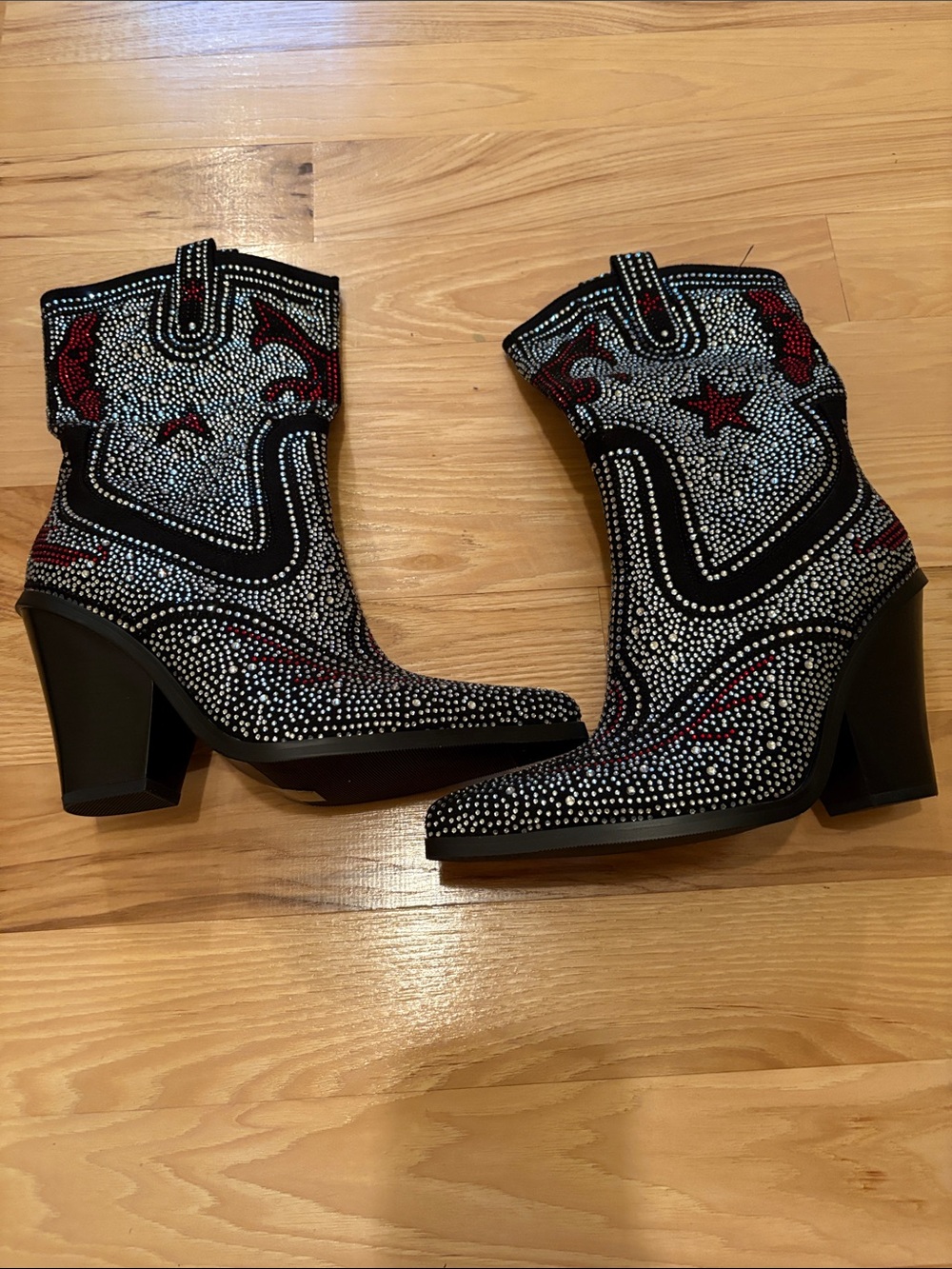 Black Rhinestone Western-Style Ankle Boots with Red Accents